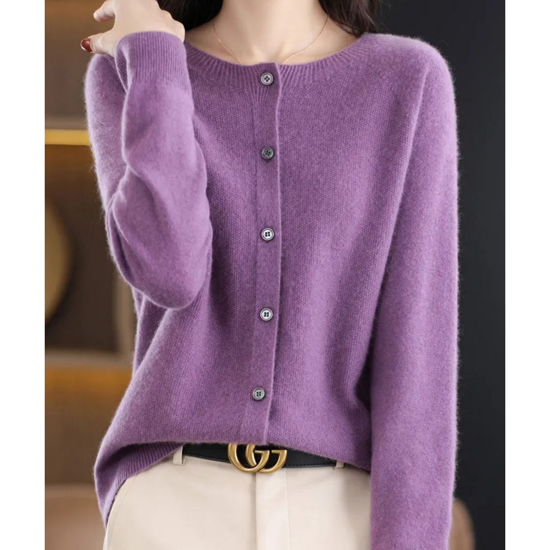 Everyday women's button front O-neck cardigan. A comfortable long sleeve top for office & casual.