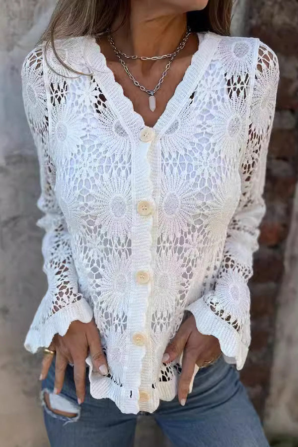 Women's button-front textured cardigan with long sleeves & v-neck. Perfect for elegant layering, fall & spring fashion.