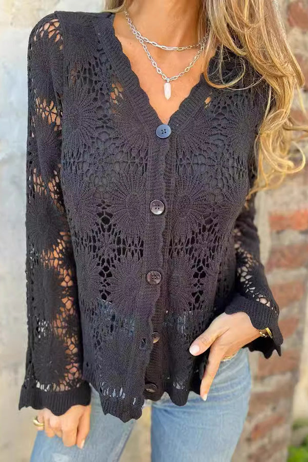Stylish women's textured button-front cardigan, long sleeve, v-neck, and delicate scalloped trim. Versatile layering.