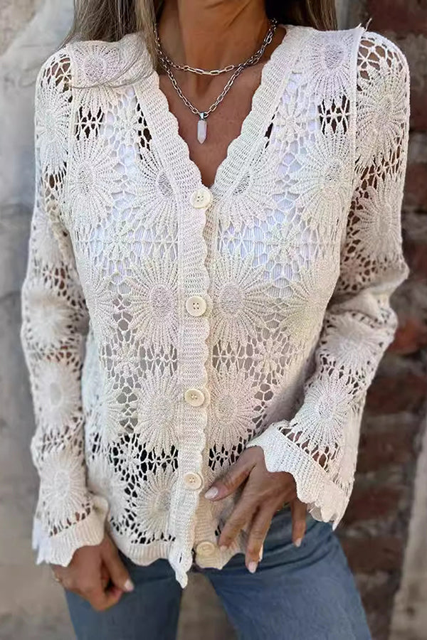 Elegant women's long sleeve textured button-front cardigan, v-neck, for stylish layering. Great for casual & chic outfits.