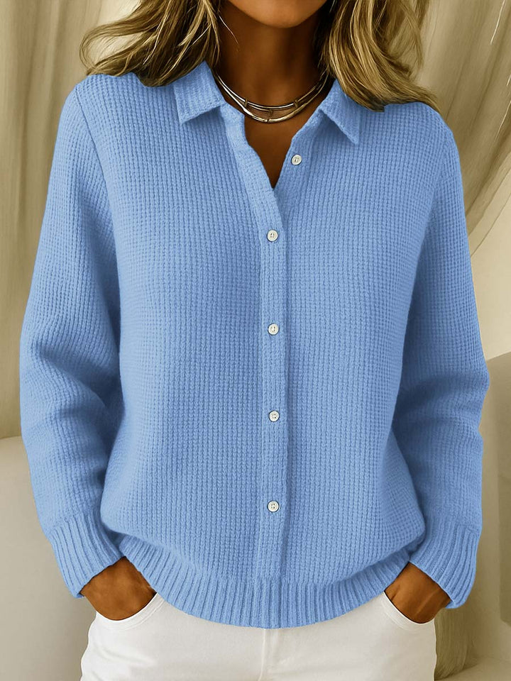 Women's button-up collared sweater cardigan, perfect for elegant layering & versatile casual/office wear.
