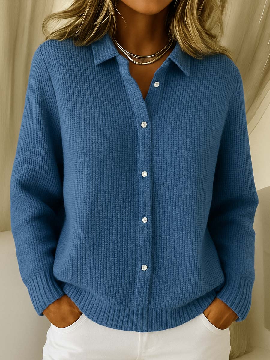 Comfortable long-sleeve women's button-up collared cardigan sweater, ideal for everyday and office style.