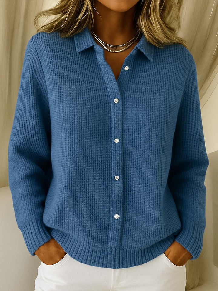 Comfortable long-sleeve women's button-up collared cardigan sweater, ideal for everyday and office style.