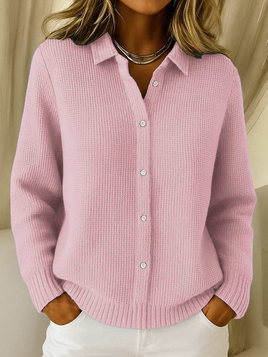 Chic women's collared button-up sweater cardigan, a versatile fashion piece for layering & sophisticated looks.