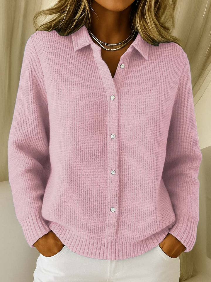 Chic women's collared button-up sweater cardigan, a versatile fashion piece for layering & sophisticated looks.