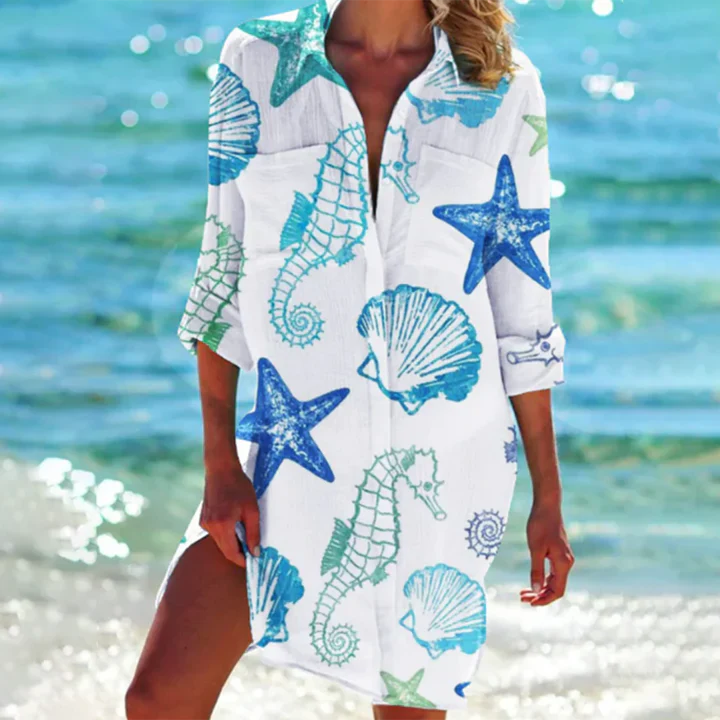 Versatile women's button-up mini dress, ideal for casual wear, beach, or sunny day outings. Short summer fashion.