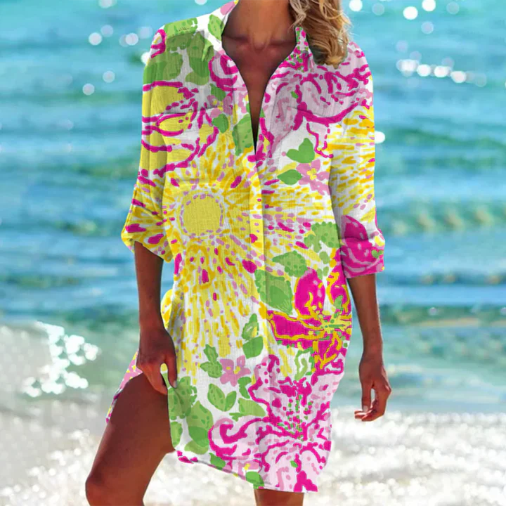 Lightweight women's button-up mini dress. Comfortable short summer dress for sunny days, beach trips & casual wear.