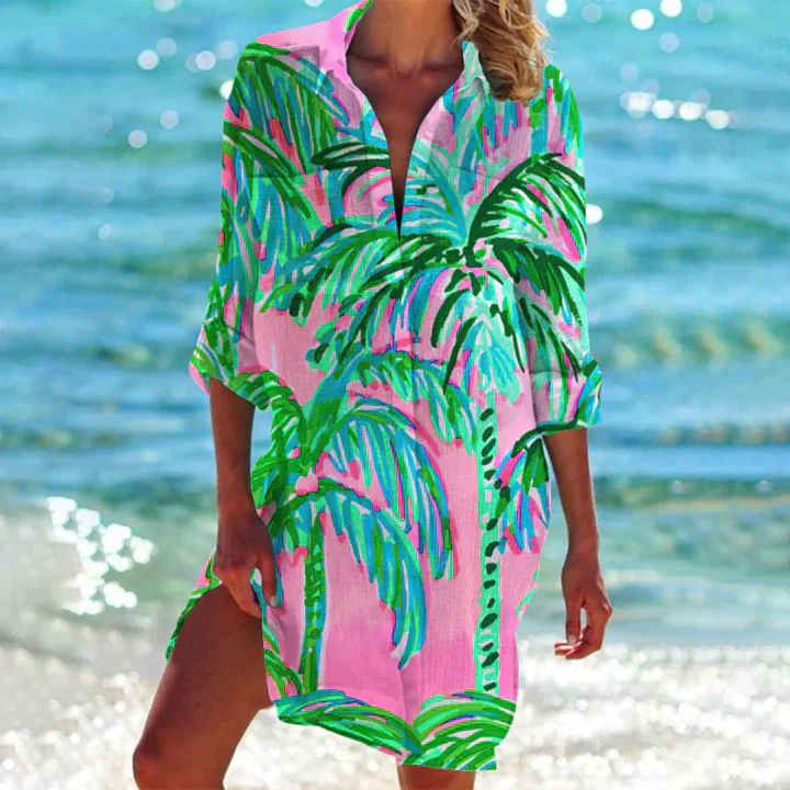 Women's casual collared button-up mini dress. A versatile short summer dress for warm weather fashion.