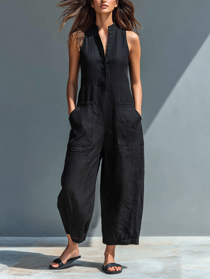 Women's button-up sleeveless jumpsuit with a stand collar, perfect for casual summer wear.