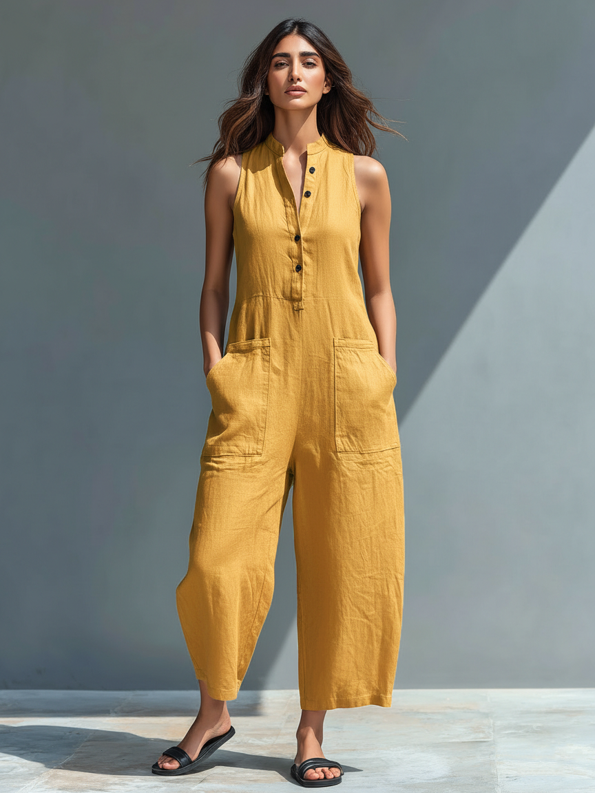 Comfortable sleeveless button-up jumpsuit for women, ideal for travel or summer fashion.