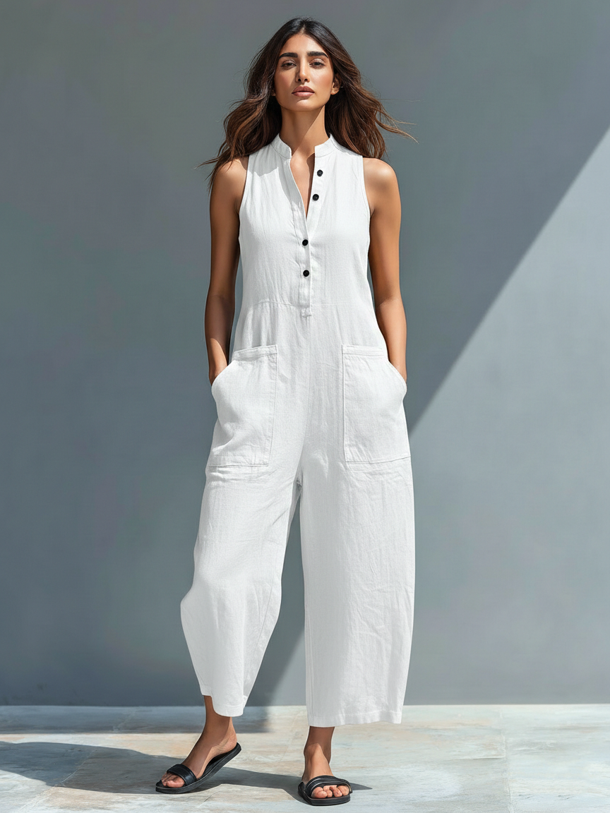 Relaxed fit women's jumpsuit with a stand collar & button front, great for casual outfits.