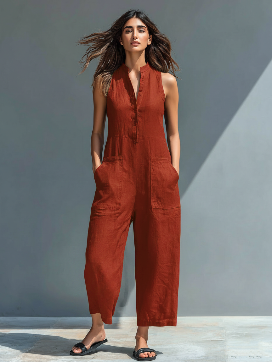 Fashionable women's sleeveless jumpsuit with a stand collar, full button-up closure.