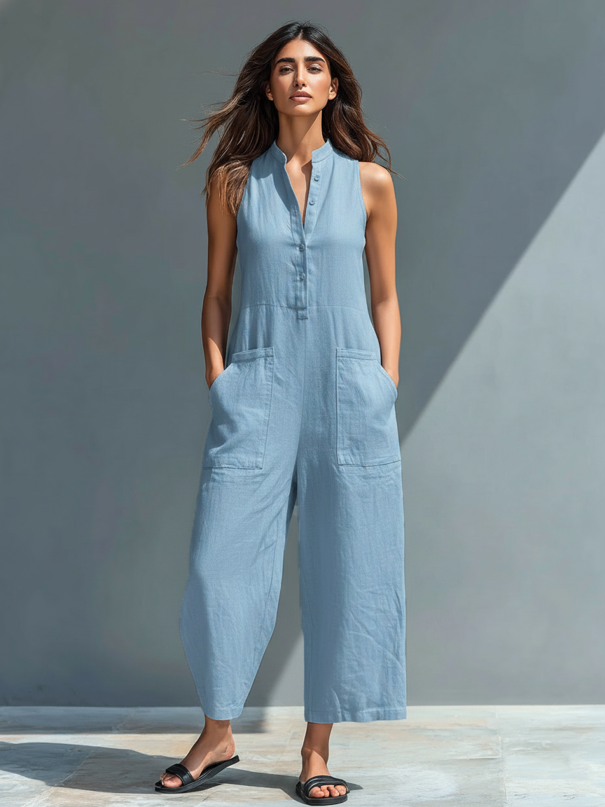 Versatile women's casual jumpsuit, sleeveless, with a stand collar & easy button-up design.