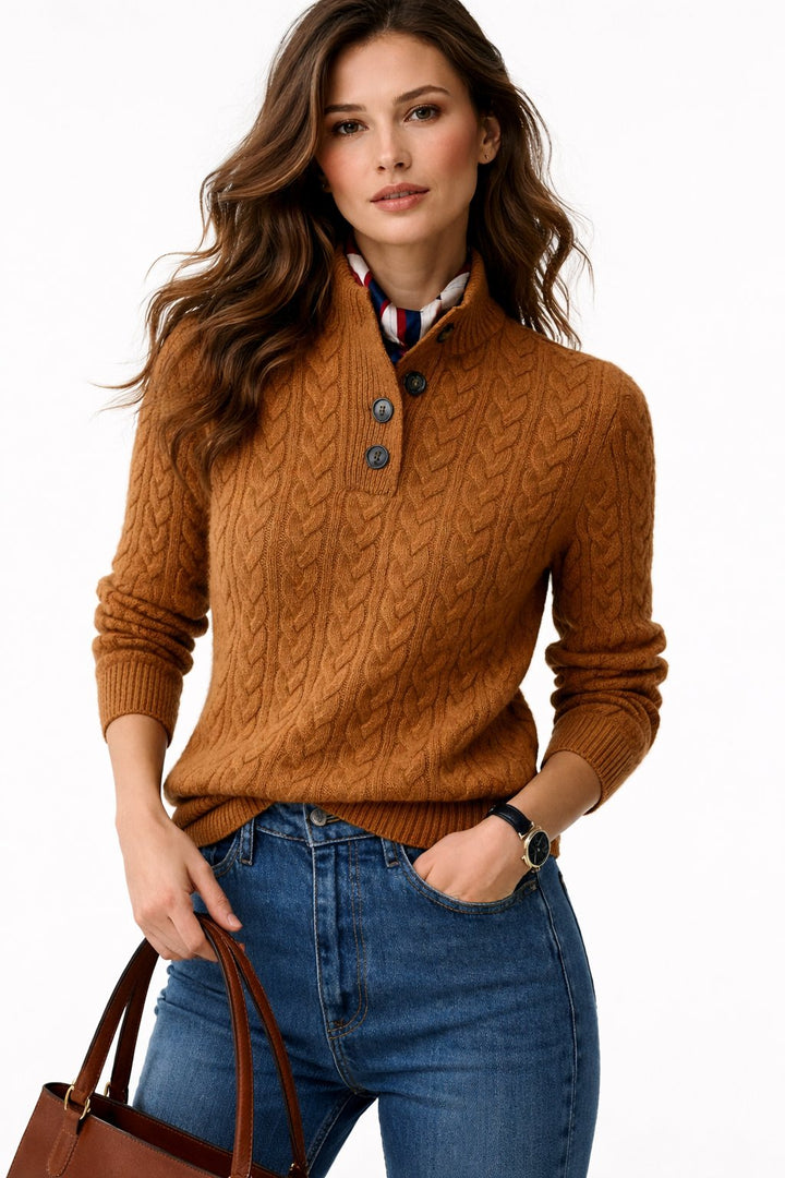 Women's cable knit pullover sweater with button-neck detail. Cozy knitwear for fall fashion & winter style.