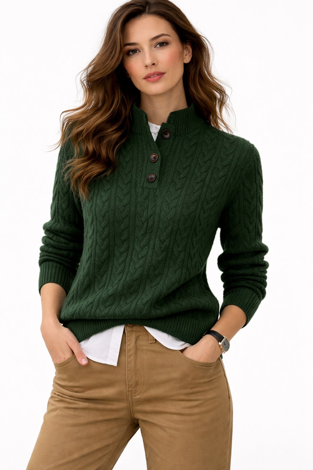 Stylish women's cable knit button-neck pullover. A versatile & cozy top perfect for smart casual fall outfits.
