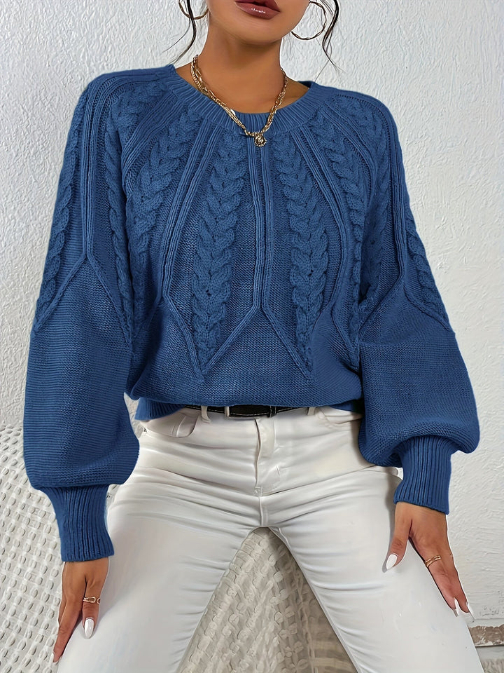 Women's cable knit top, relaxed fit, lantern sleeves, perfect for winter warmth.