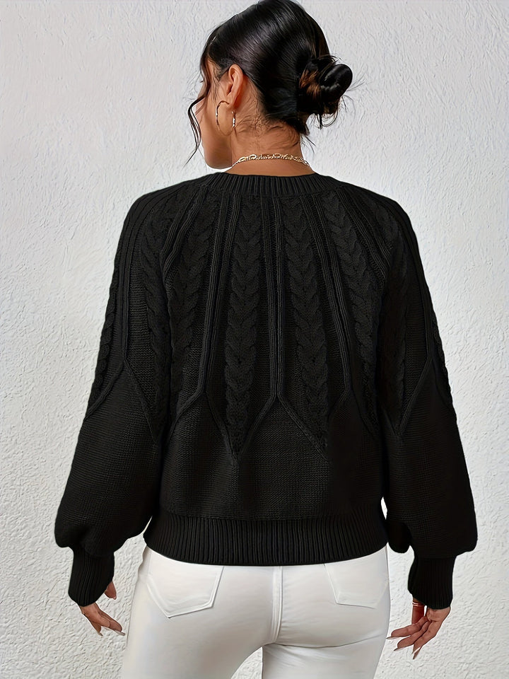 Women's everyday cable knit sweater, relaxed fit, lantern sleeves for comfort.