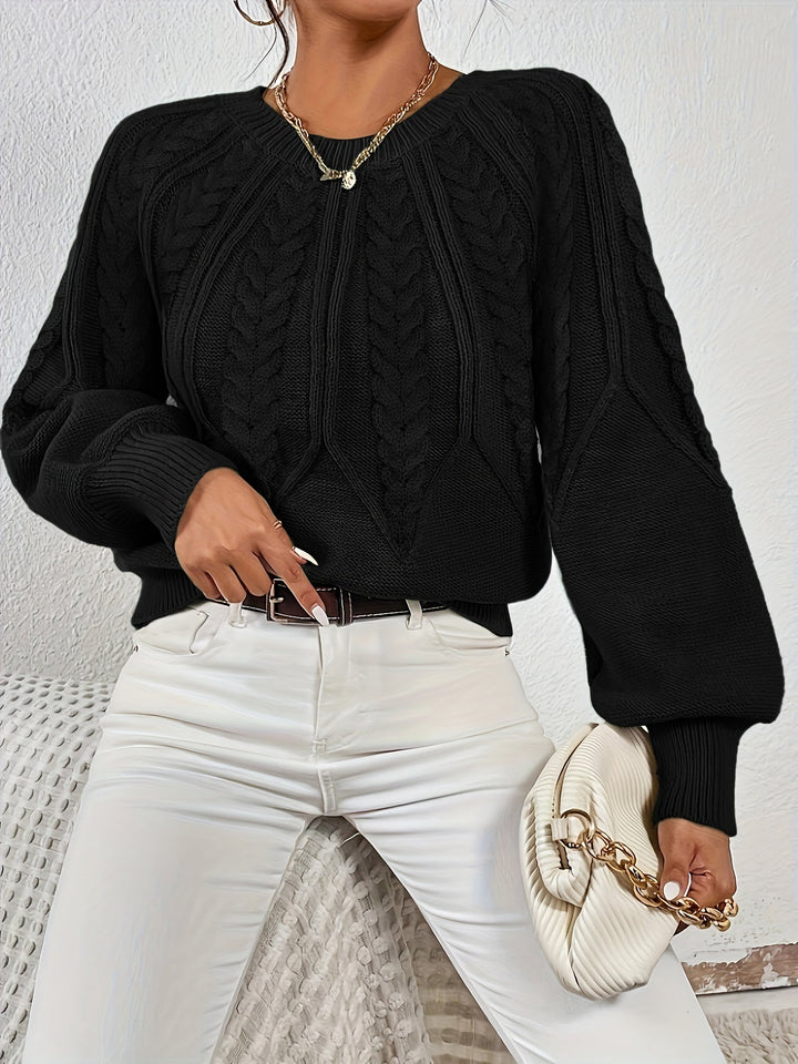 Women's fashion sweater, cable knit, relaxed fit, distinct lantern sleeves.