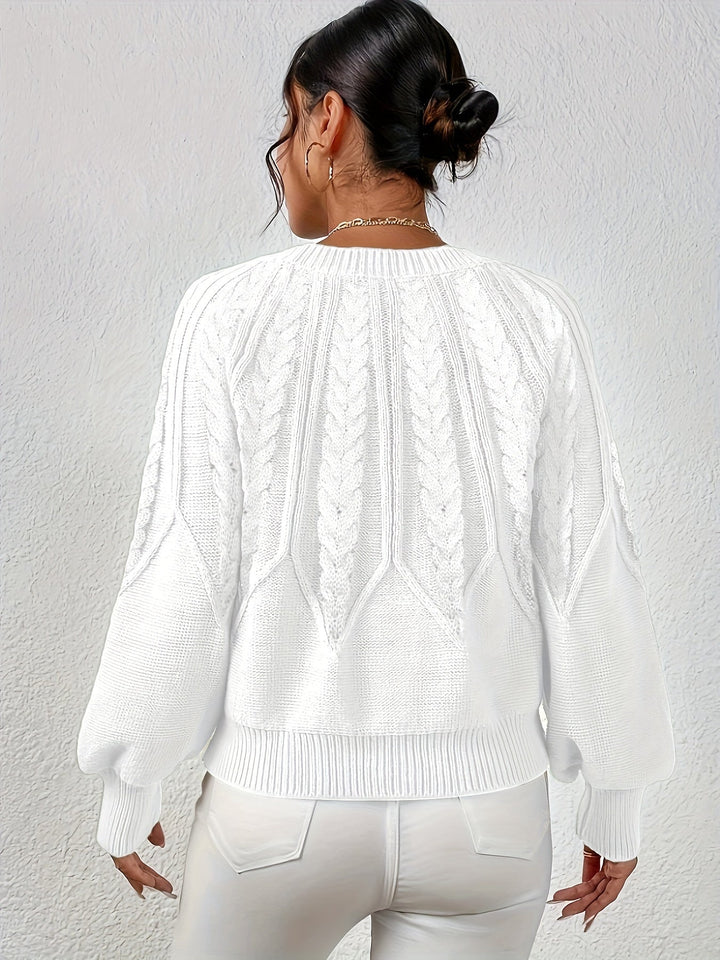 Women's casual cable knit sweater, relaxed fit, lantern sleeves, easy styling.