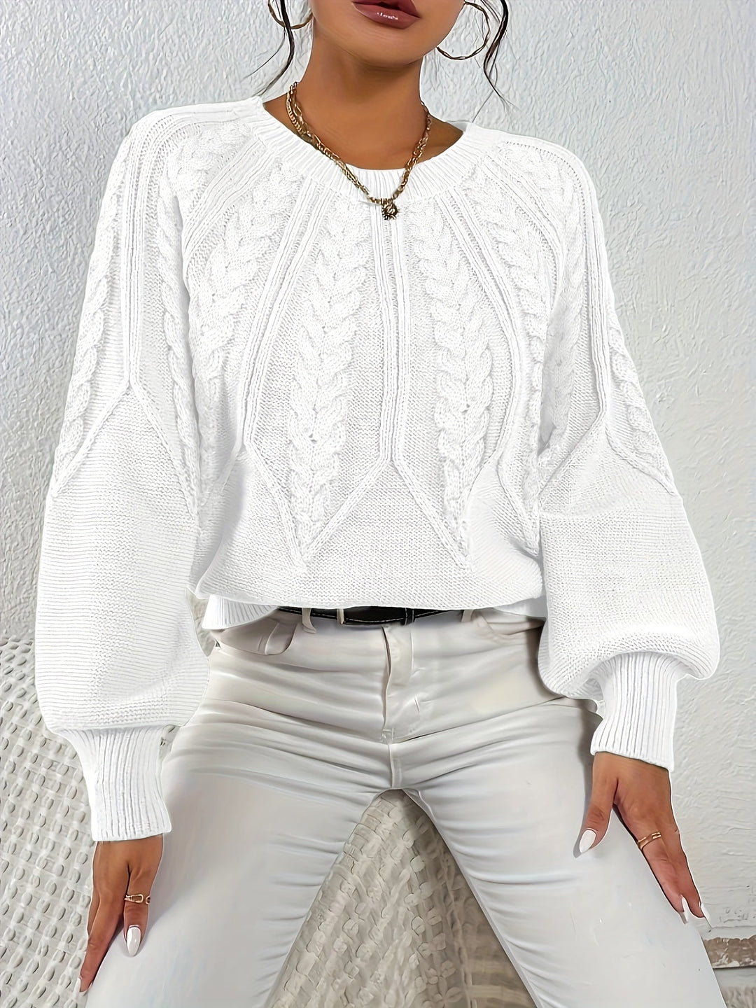 Women's fall fashion cable knit, relaxed fit, warm lantern sleeves pullover.