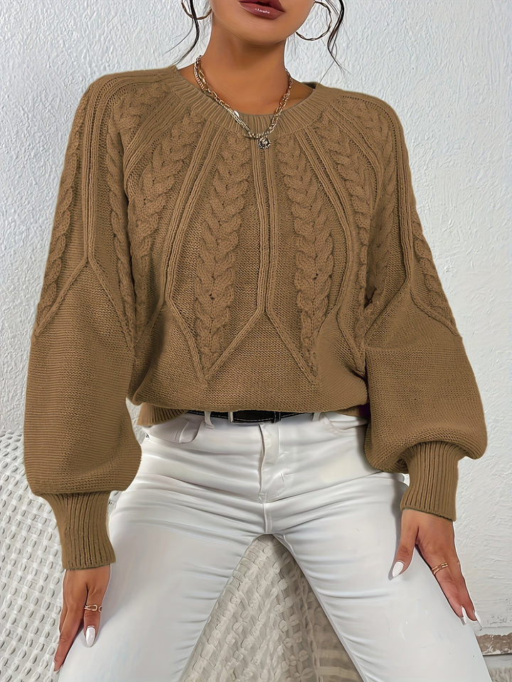 Women's sweater, cable knit, relaxed fit, lantern sleeves, a chic wardrobe staple.