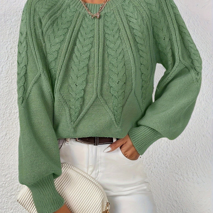 Women's fall fashion pullover, cable knit, relaxed fit, chic lantern sleeves.