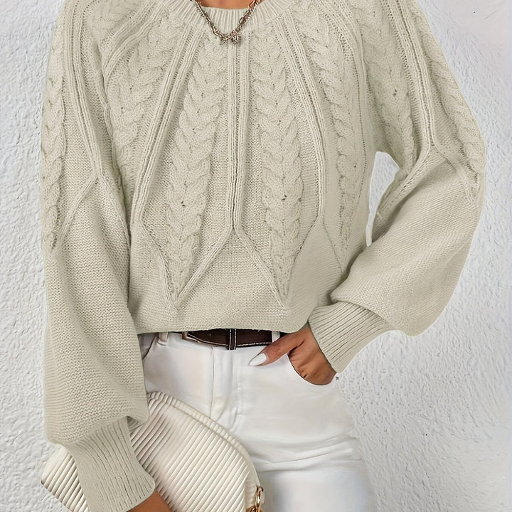 Winter warmth women's sweater, cable knit, relaxed fit, with cozy lantern sleeves.