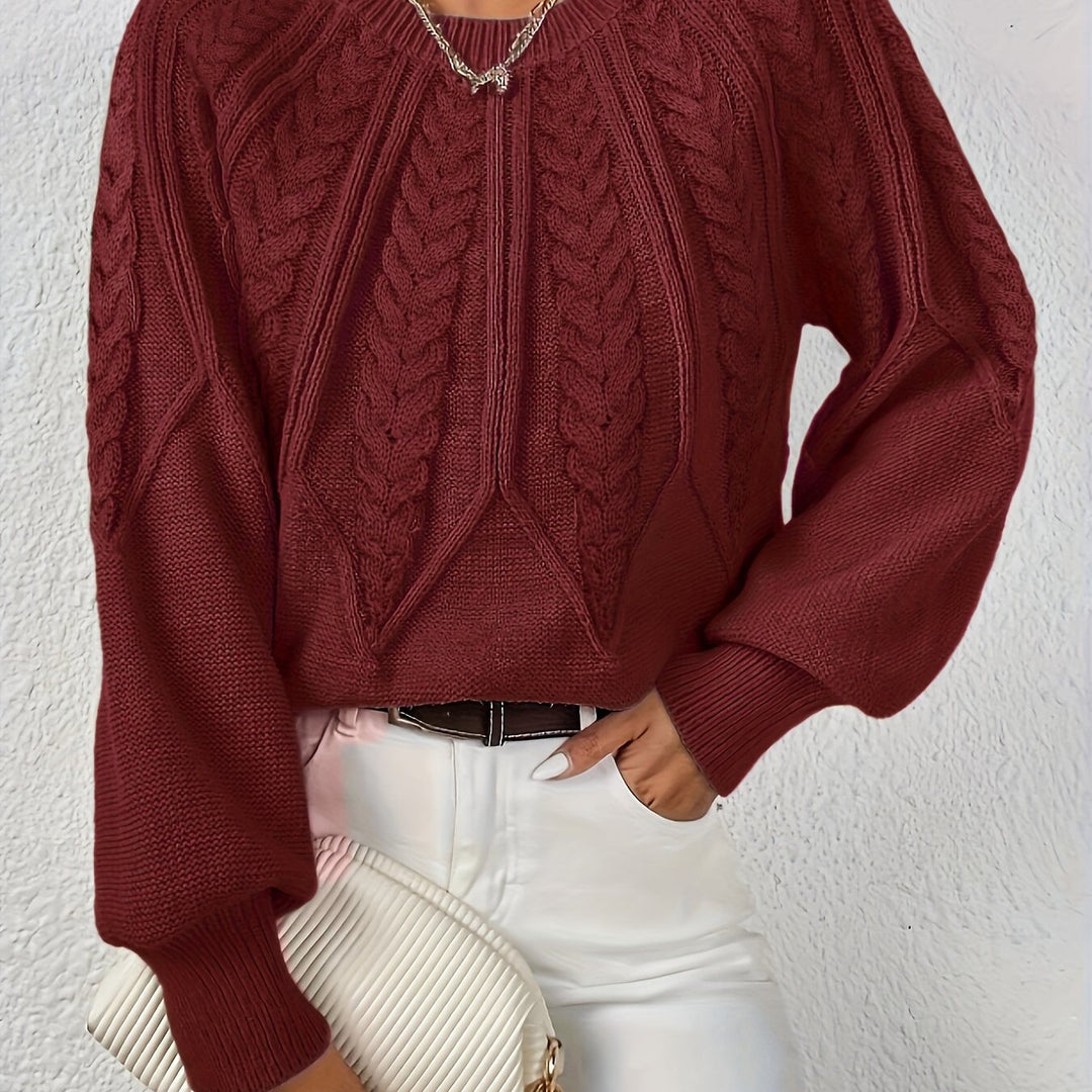 Stylish women's cable knit, relaxed fit, unique lantern sleeves, perfect for layering.