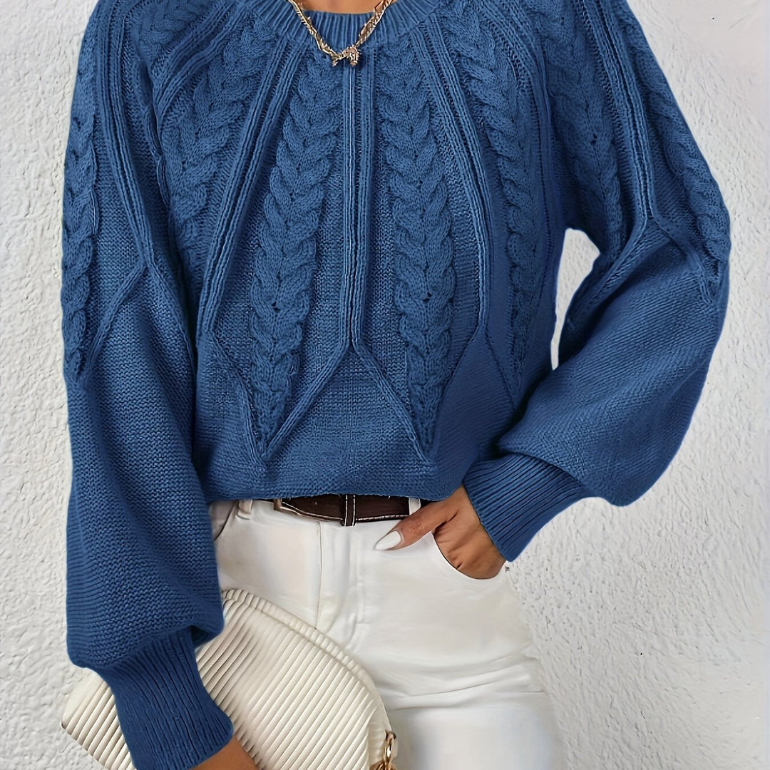 Chic women's cable knit sweater, relaxed fit, lantern sleeves, versatile and cozy.