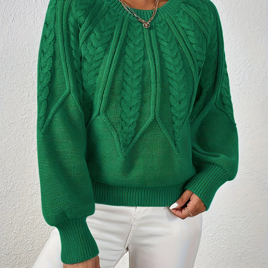 Women's comfortable cable knit pullover, relaxed fit, lantern sleeves, everyday chic.
