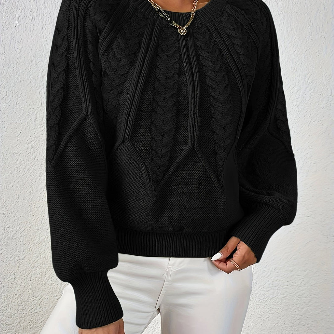 Elegant women's cable knit top, relaxed fit, lantern sleeves, ideal for cooler days.