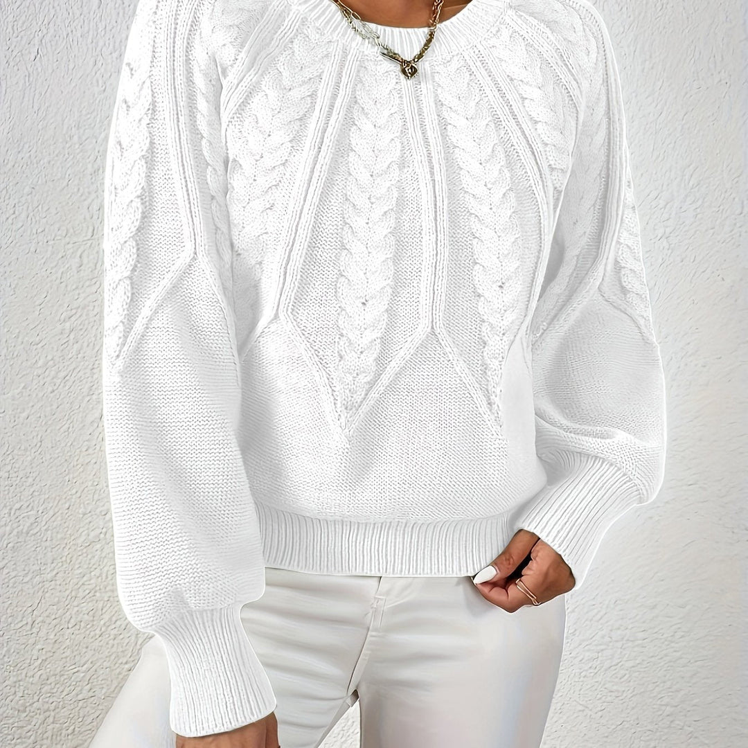 Cozy women's relaxed fit cable knit sweater, stylish lantern sleeves, fall essential.