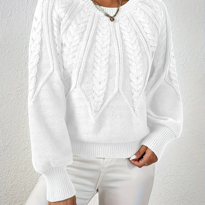 Cozy women's relaxed fit cable knit sweater, stylish lantern sleeves, fall essential.