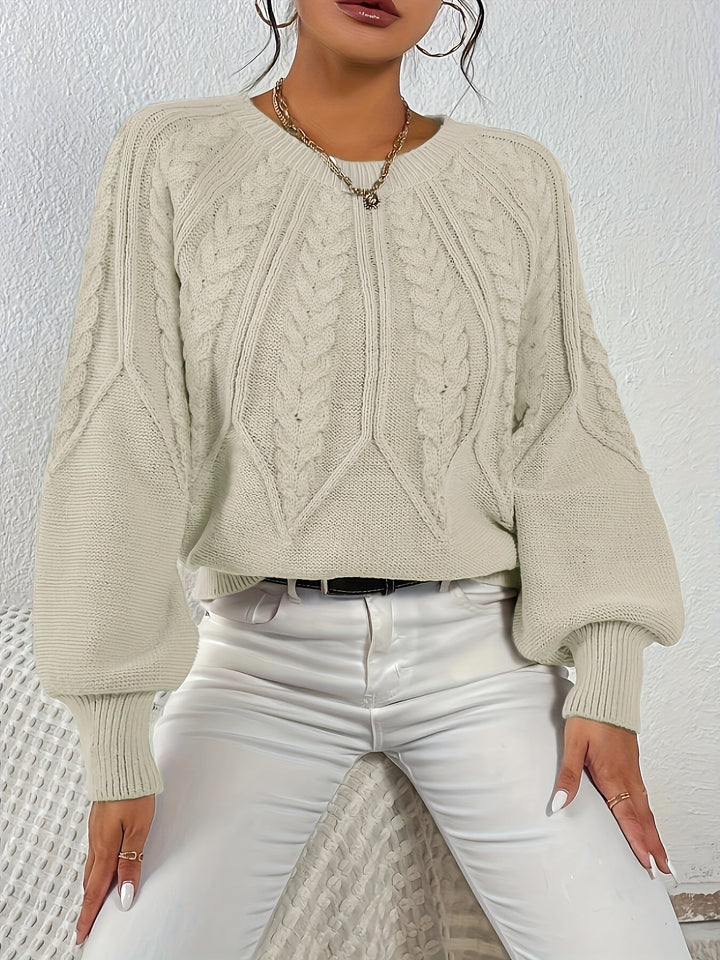 Winter warmth women's cable knit pullover, relaxed fit, chic lantern sleeves.