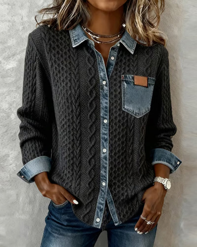 Women's cable pattern button-front blouse. Elegant long-sleeve collared top for chic style.