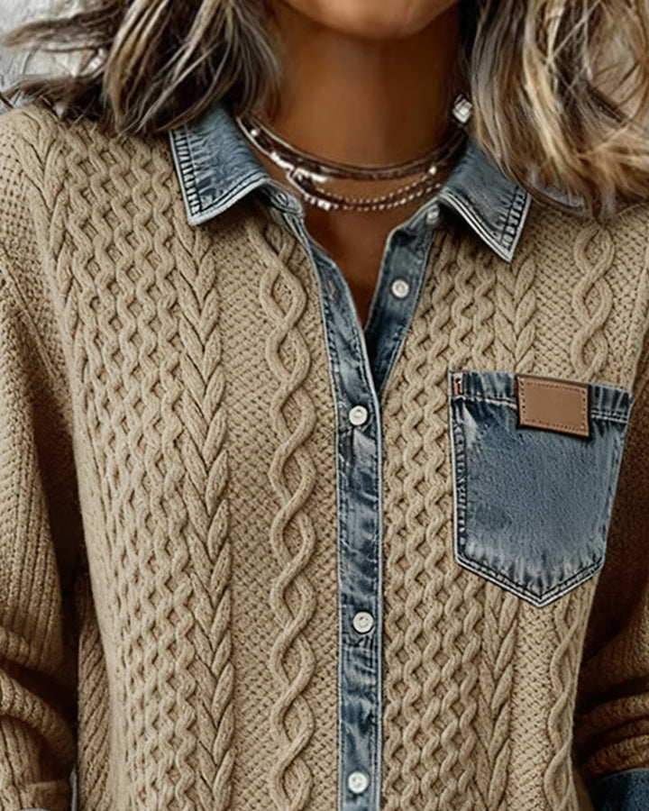 Women's elegant cable pattern blouse. Long-sleeve, button-front, collared top for chic versatility.