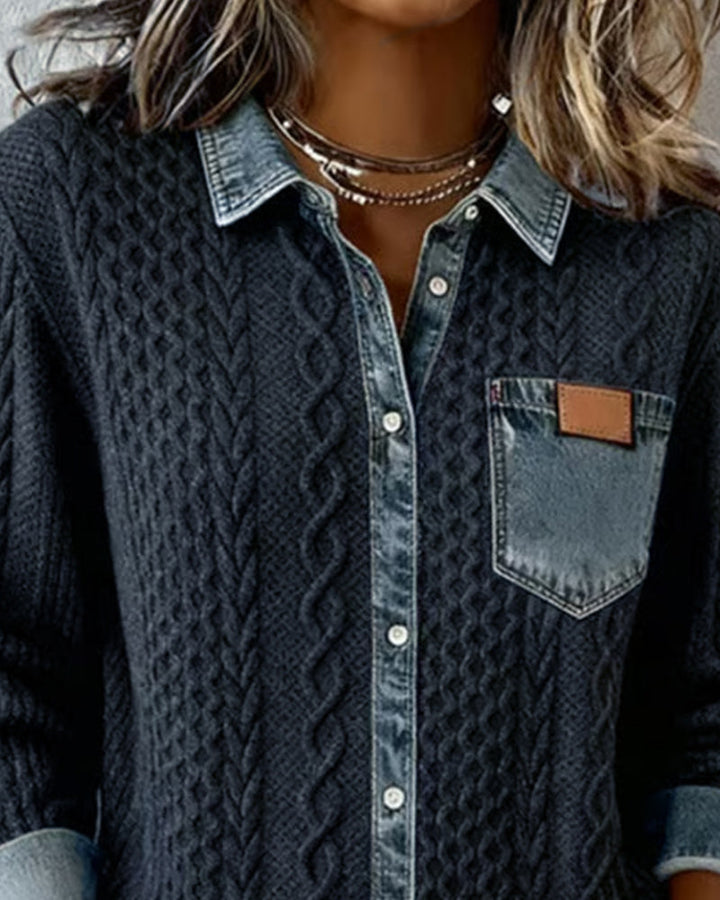 Women's fashion cable pattern blouse. Button-front, long-sleeve collared top, ideal for versatile wear.