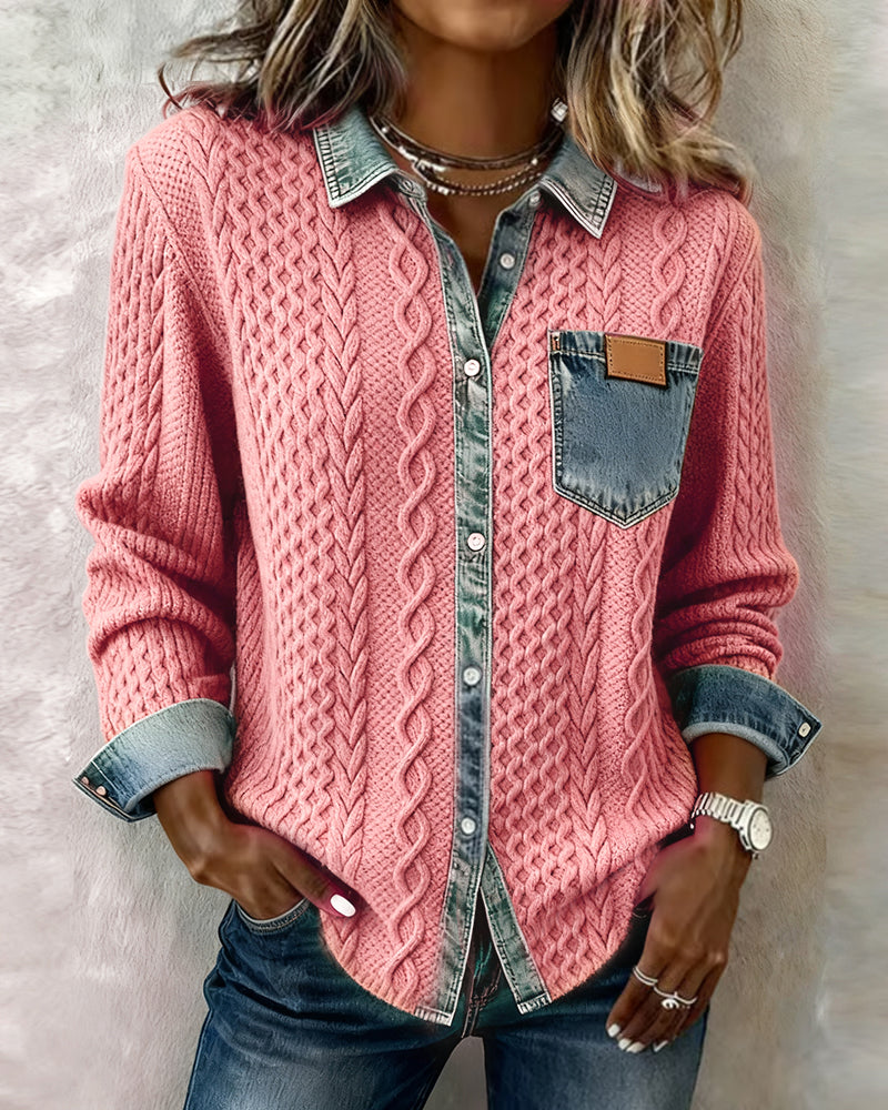 Chic women's textured cable pattern blouse with button front. Versatile long-sleeve top for work or casual.
