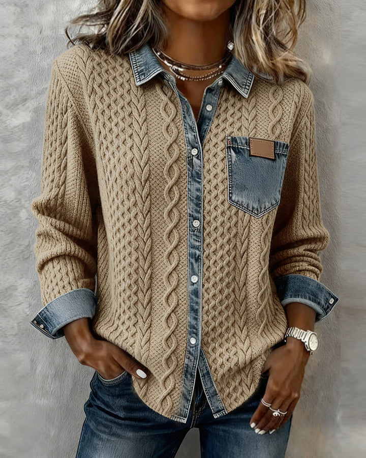 Elegant women's cable pattern blouse. Stylish long-sleeve button-front top, perfect for chic fashion.