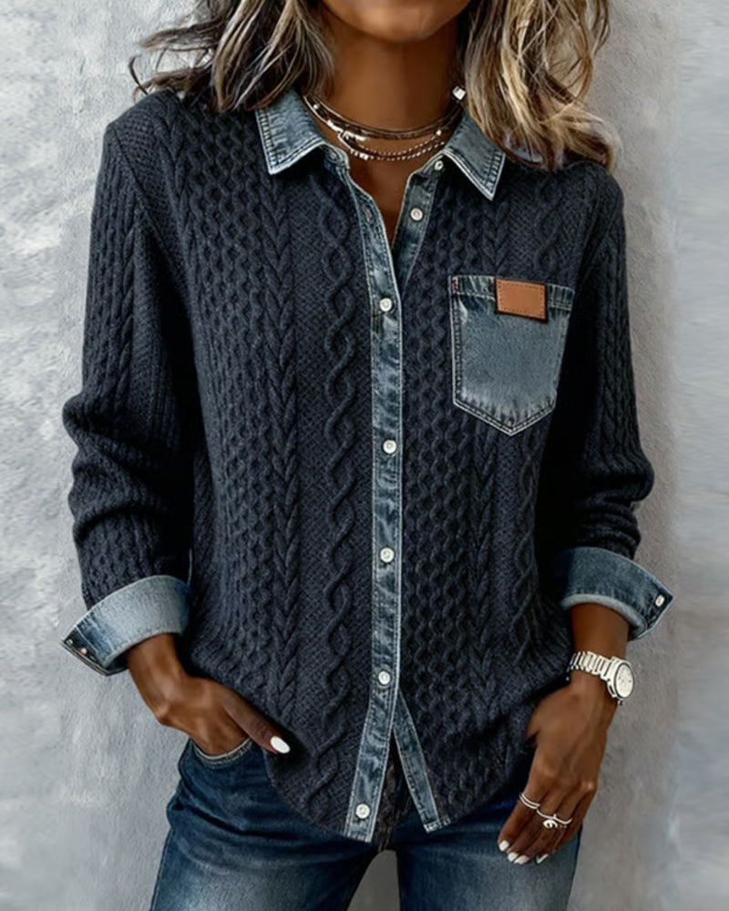 Versatile women's cable pattern blouse. Button-front collared long-sleeve top for casual or workwear.