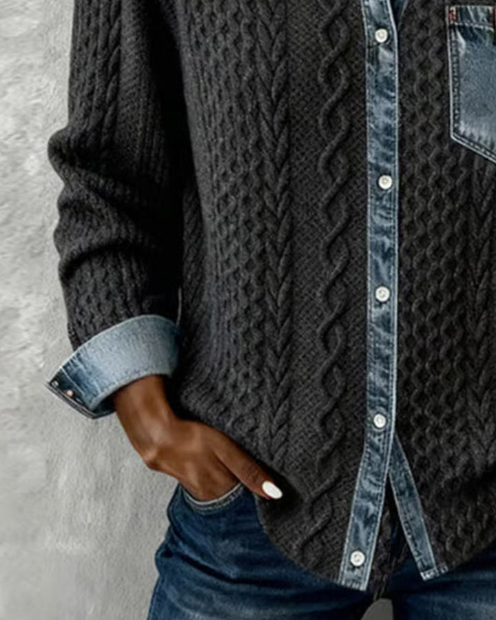 Soft women's cable knit button-front blouse. Comfortable long-sleeve collared top with elegant texture.