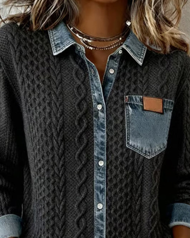 Fashionable women's long-sleeve blouse featuring a chic cable pattern and classic button-front design.