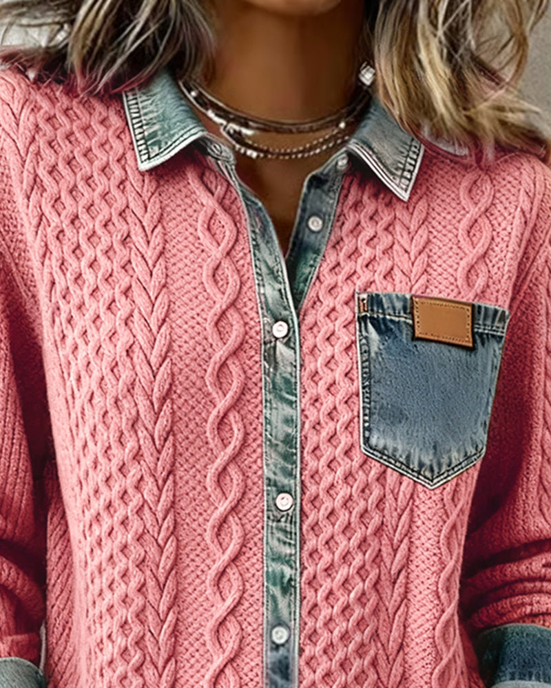 Classic women's cable pattern button-front blouse. Elegant long-sleeve collared top for timeless style.