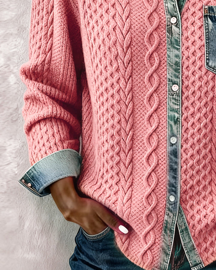 Stylish women's collared blouse with cable pattern. Button-front, long-sleeve, elegant fashion top.