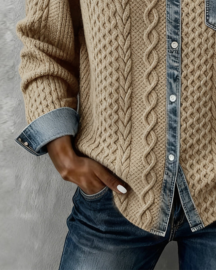 Textured women's cable pattern blouse. Chic button-front, long-sleeve top, perfect for elegant wear.