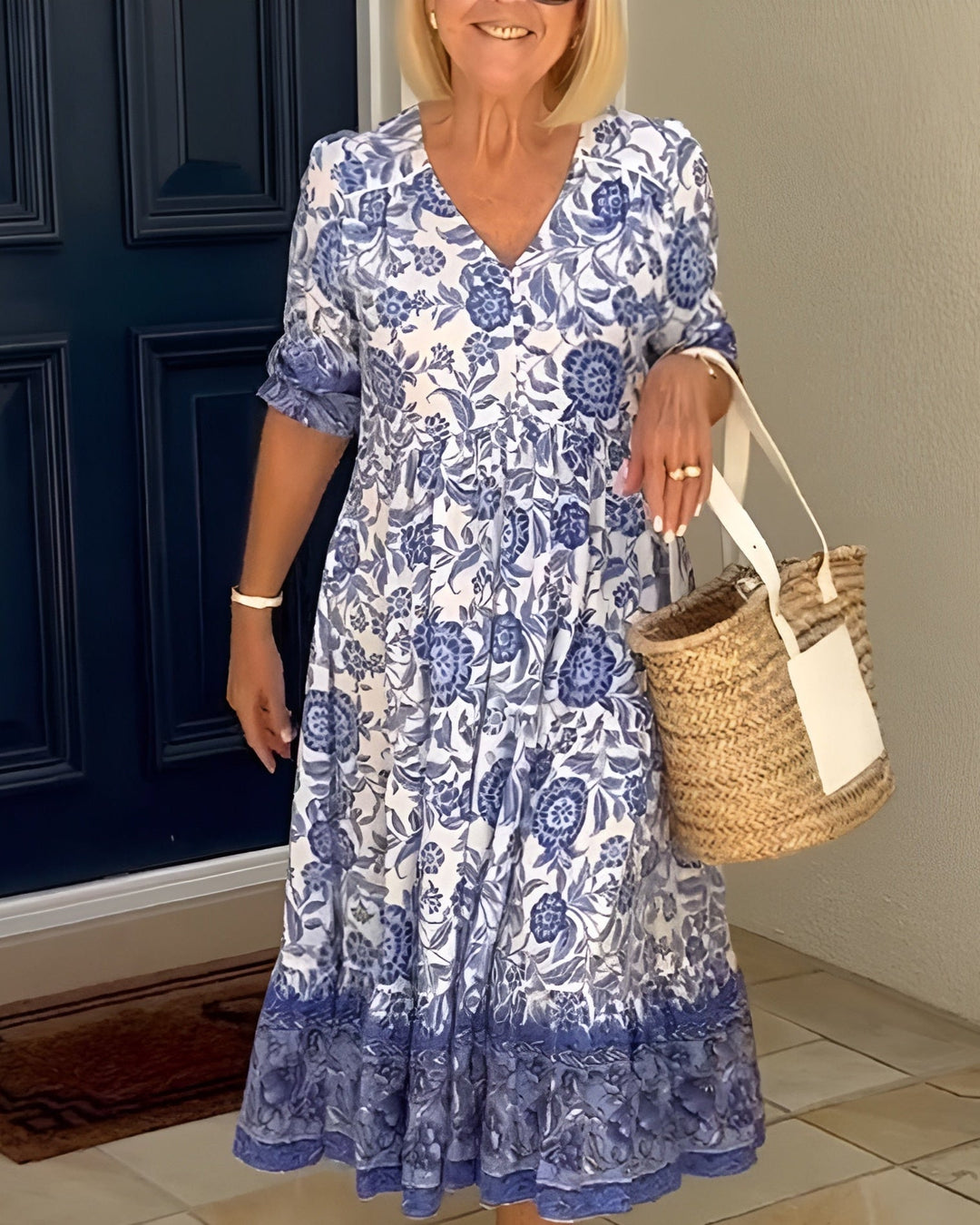 Women's Capri Floral V-Neck A-Line Dress, perfect for spring & summer casual wear.