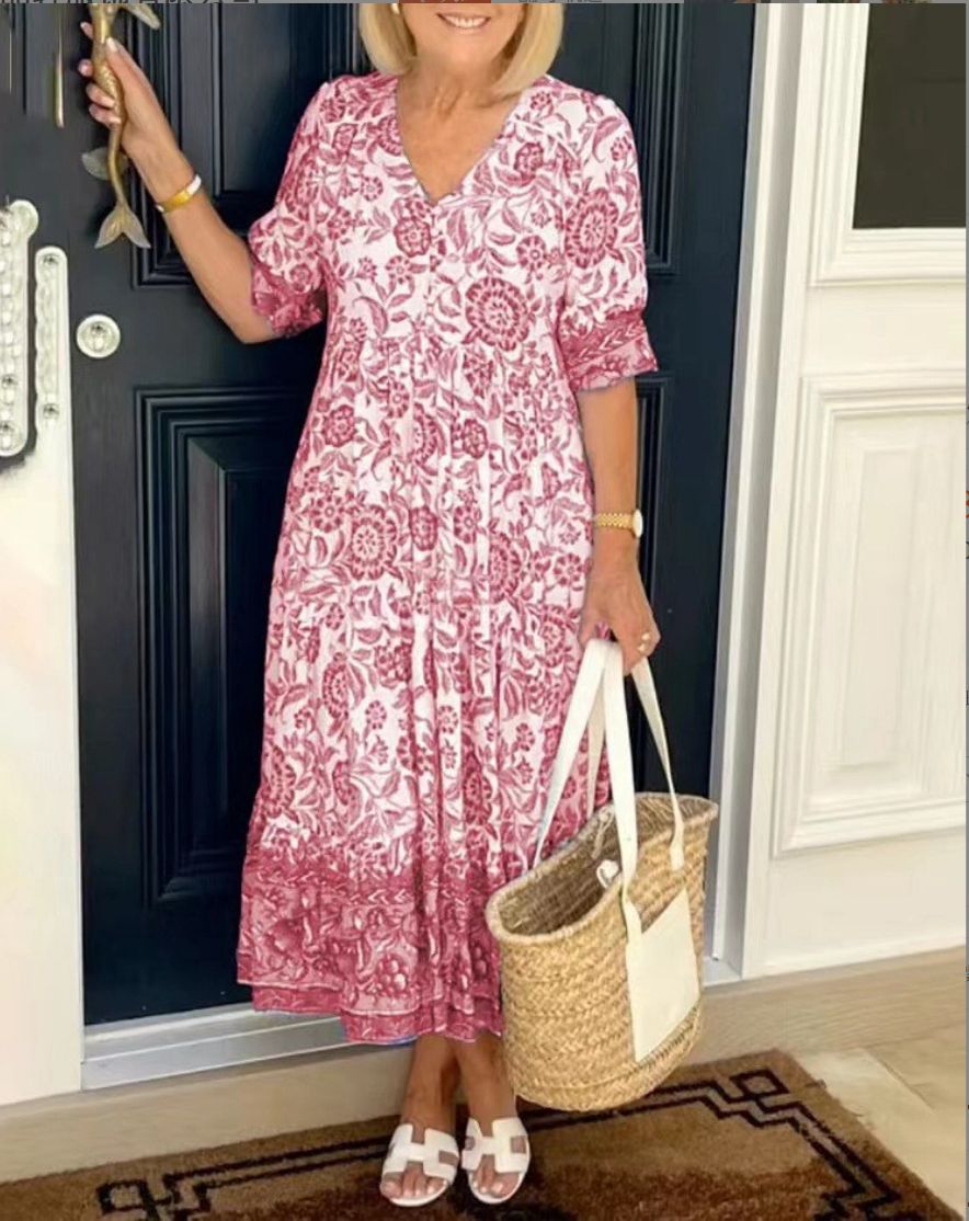 Vibrant Capri floral print A-line dress for women, featuring a flattering V-neckline for spring fashion.