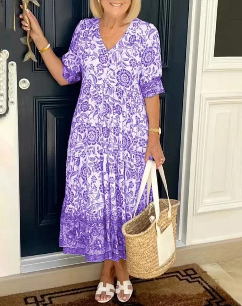 Comfy women's V-neck floral A-line dress, a perfect casual spring and summer day dress.