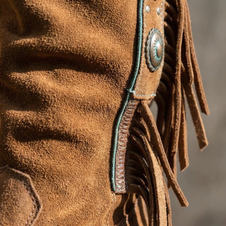 Stylish women's western fringe boots, Caroline mid-calf, perfect for a boho look.