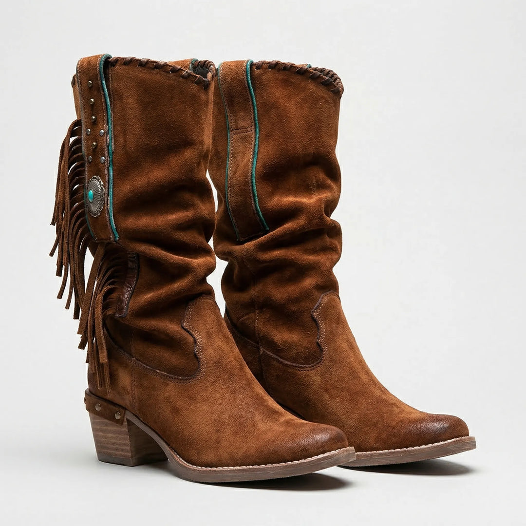 Women's Caroline mid-calf western boots featuring playful fringe, pointed toe, comfortable block heel.